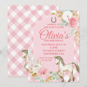 Invitation d'anniversaire de joli poney floral boh