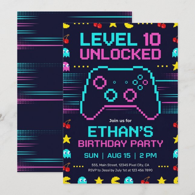 Invitation d'anniversaire de joueur  Fête de jeu v (Devant / Derrière)