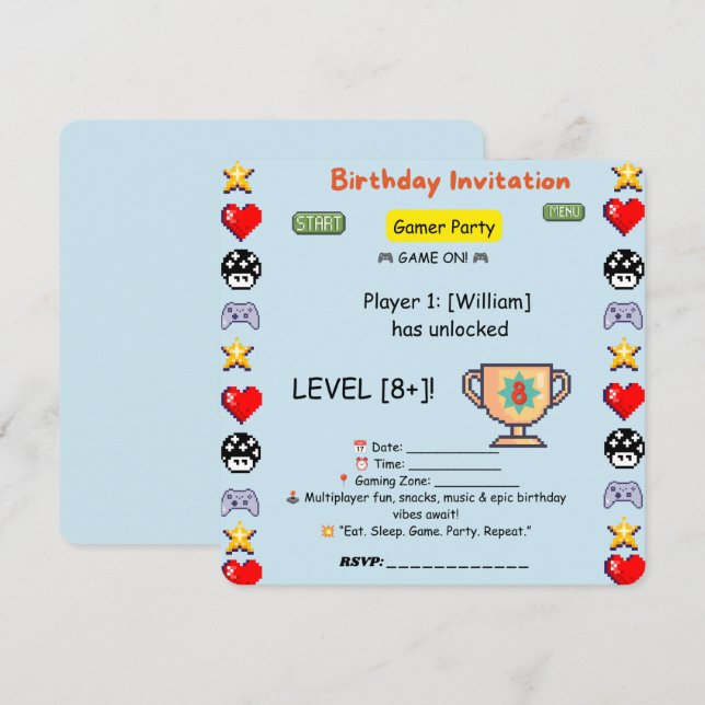Invitation d'anniversaire de joueur – Jeu vidéo pi (Devant / Derrière)