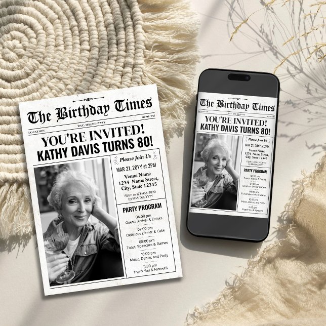 Invitation d'anniversaire de journal avec photo et (Newspaper Birthday Invitation with Photo & Program)