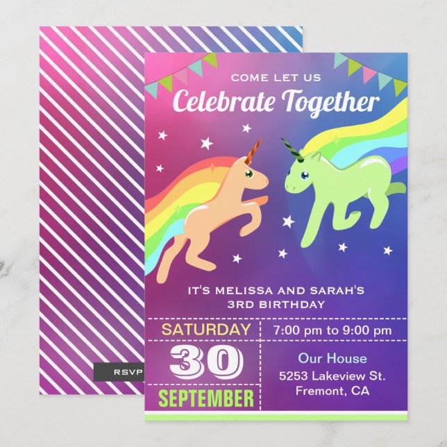 Invitation d'anniversaire de jumeaux licorne migno (Devant / Derrière)
