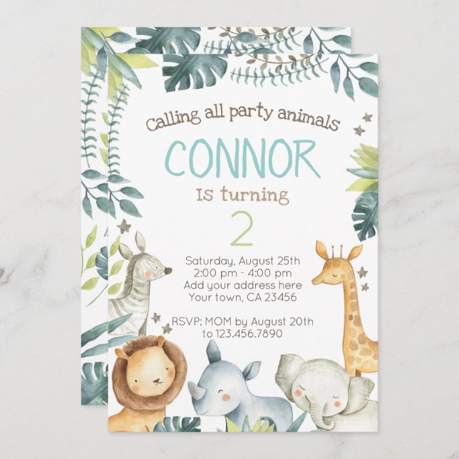 Invitation d'anniversaire de jungle de safari (Devant / Derrière)