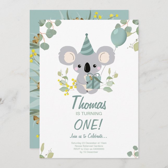 Invitation d'anniversaire de Koala (Devant / Derrière)