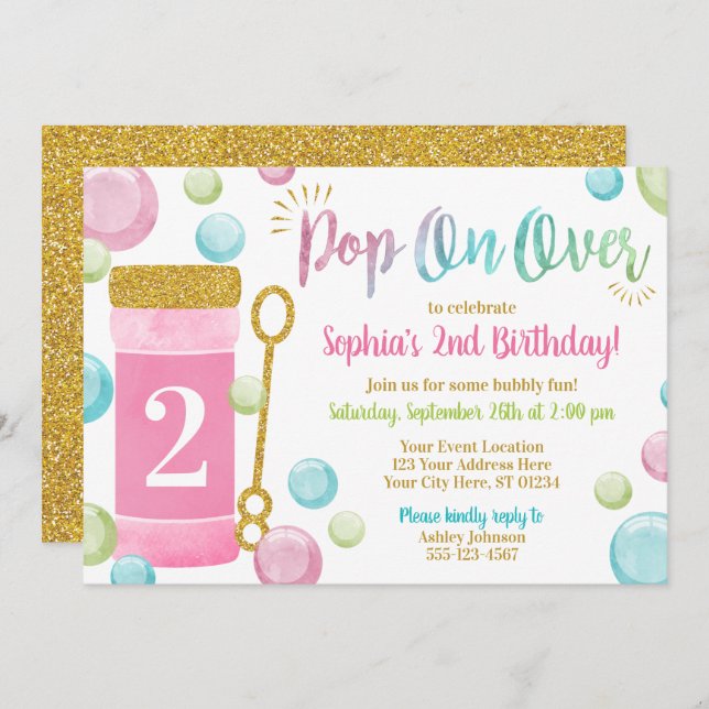 Invitation d'anniversaire de la bulle| Aquarelle r (Devant / Derrière)