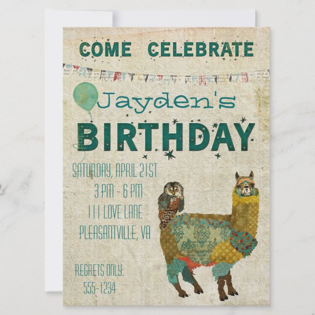 Invitation d'anniversaire de la Chouette Turquoise (Devant)