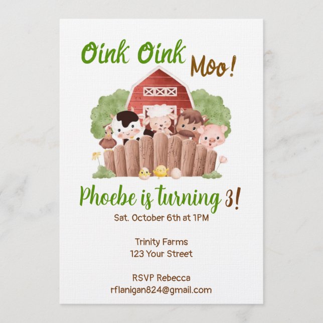 Invitation d'anniversaire de la cour de ferme aux  (Devant)