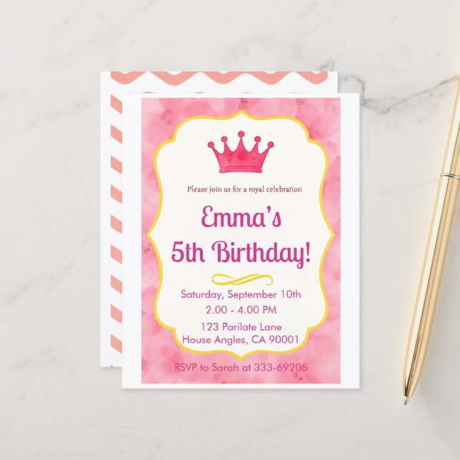Invitation d'anniversaire de la Couronne rose | za (Devant/Arrière en situation)