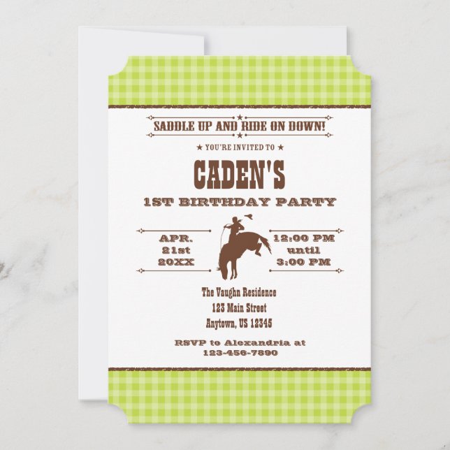 Invitation d'anniversaire de la Cowboy Green Plaid (Devant)