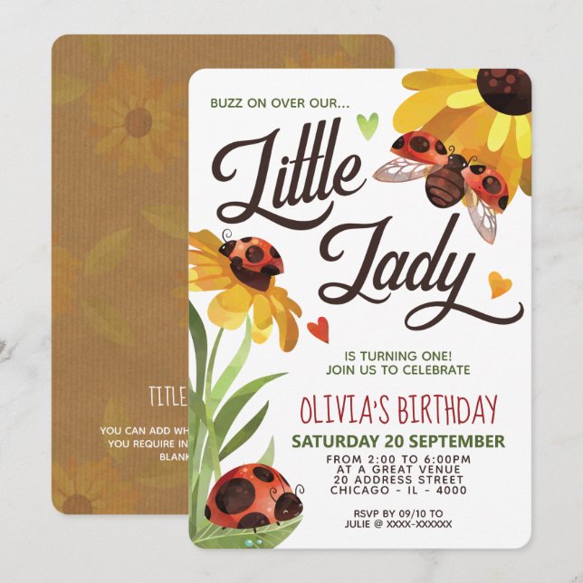 Invitation d'anniversaire de la Dame Bug moderne (Devant / Derrière)