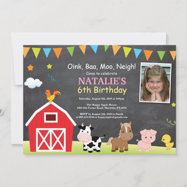 Invitation d'anniversaire de la ferme au tableau n (Devant)
