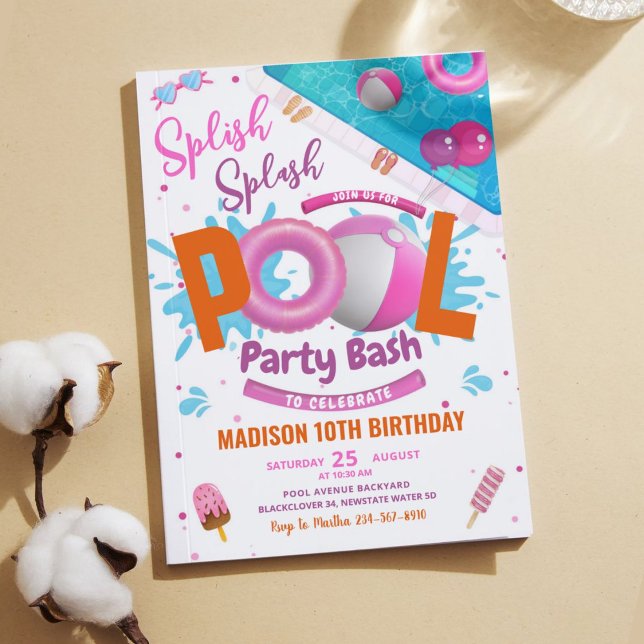 Invitation d'anniversaire de la fête de billard ro (Editable Pool Party Bash Pink Birthday Invitation)