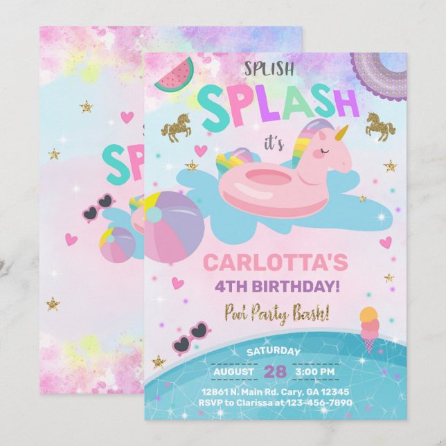 Invitation d'anniversaire de la fête de la piscine (Devant / Derrière)