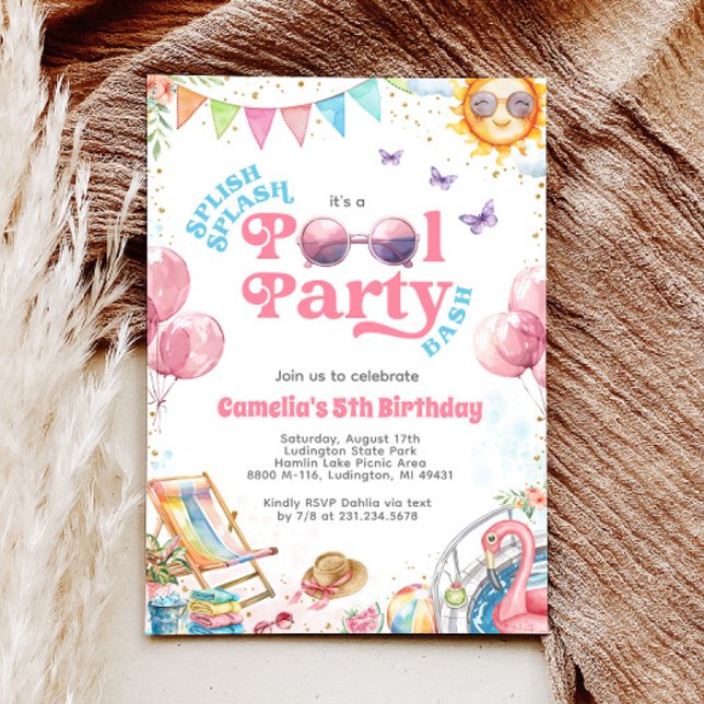 Invitation d'anniversaire de la fête de la piscine (Splish Splash Pool Party Birthday Invitation)