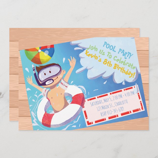 Invitation d'anniversaire de la fête de la piscine (Devant / Derrière)