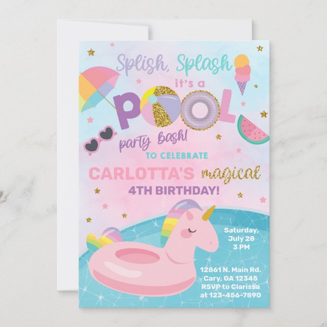 Invitation d'anniversaire de la fête de la piscine (Devant)