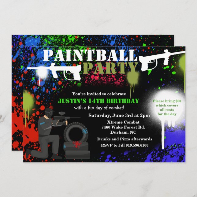 Invitation d'anniversaire de la fête du Paintball (Devant / Derrière)