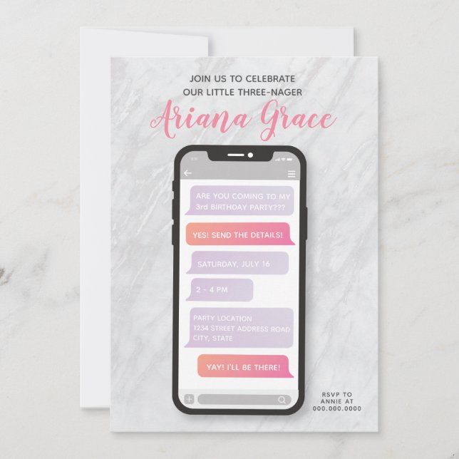 Invitation d'anniversaire de la fille de trois ans (Devant)