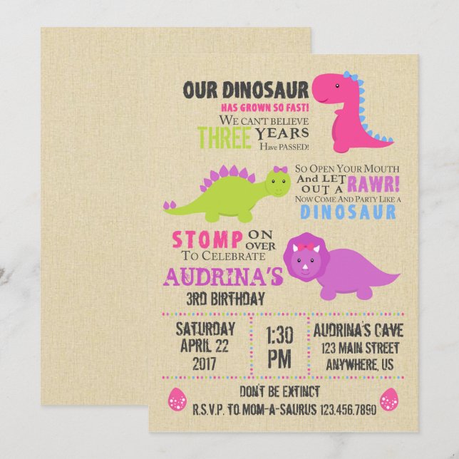 Invitation d'anniversaire de la fille Dinosaur (Devant / Derrière)