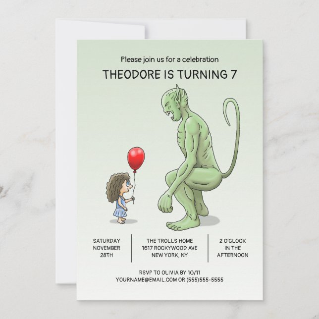 Invitation d'anniversaire de la fille et du troll (Devant)