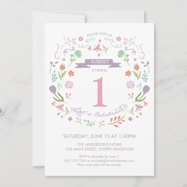 Invitation d'anniversaire de la fille - Florales m (Devant)
