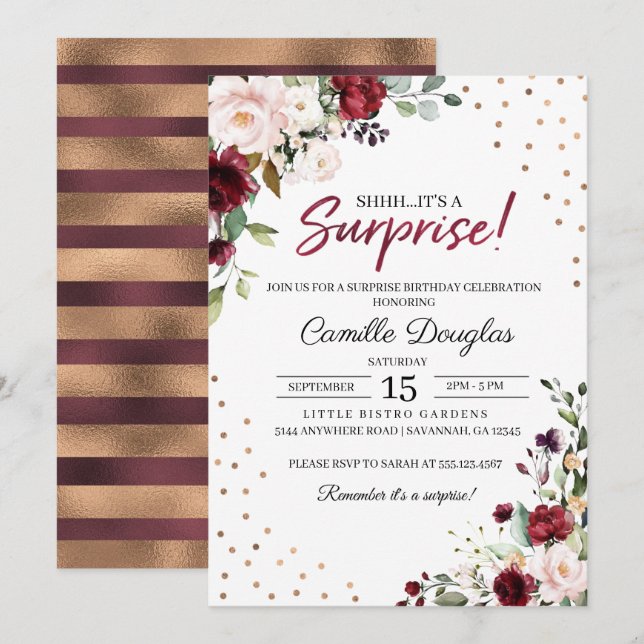 Invitation d'anniversaire de la florale aurifère d (Devant / Derrière)