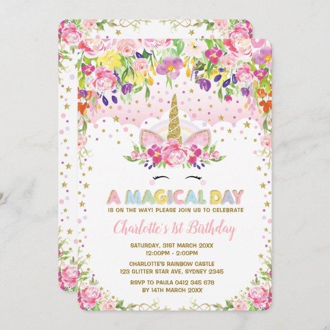 Invitation d'anniversaire de la florale d'or rose  (Devant / Derrière)