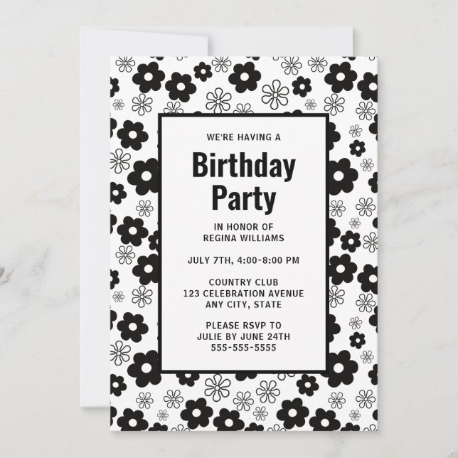 Invitation d'anniversaire de la florale noire et b (Devant)