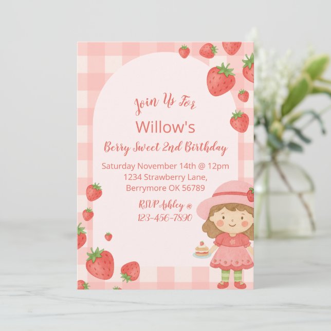 Invitation d'anniversaire de la fraise fille | Ros (Debout devant)