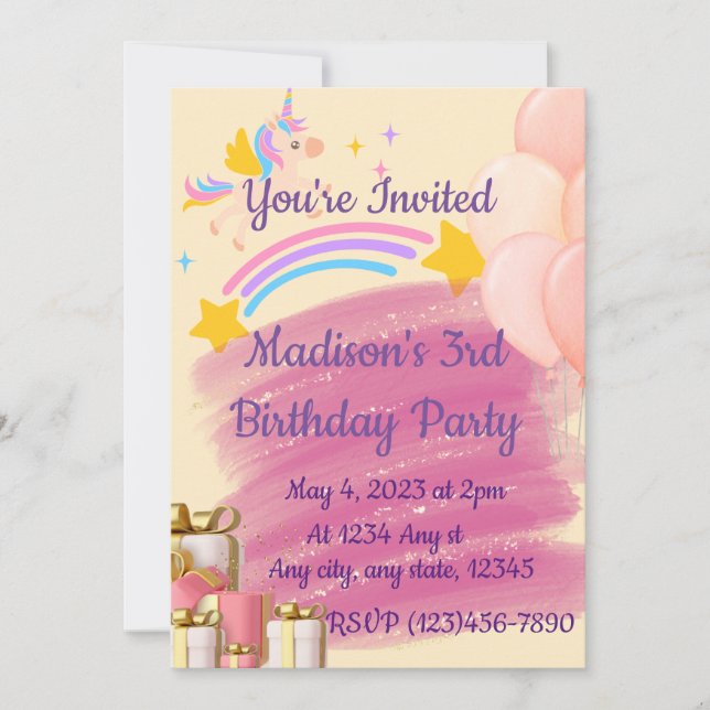 Invitation d'anniversaire de la licorne (Devant)