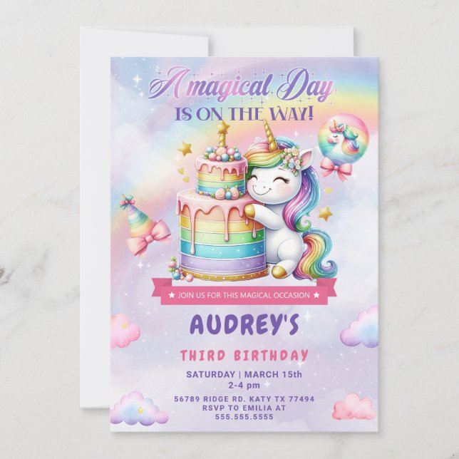 Invitation d'anniversaire de la licorne (Devant)