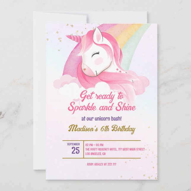Invitation d'anniversaire de la licorne (Devant)