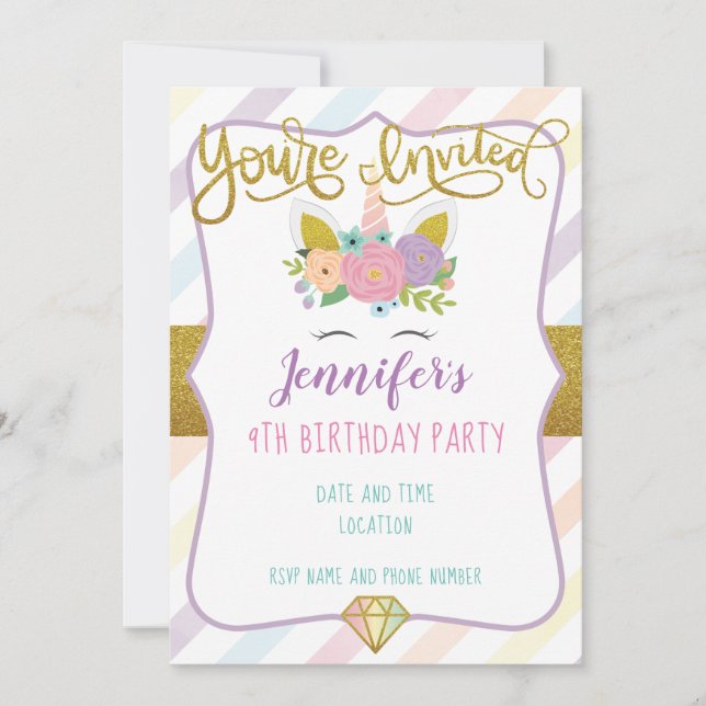 Invitation d'anniversaire de la licorne (Devant)