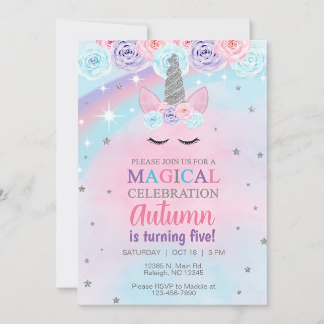 Invitation d'anniversaire de la licorne bleu rose  (Devant)
