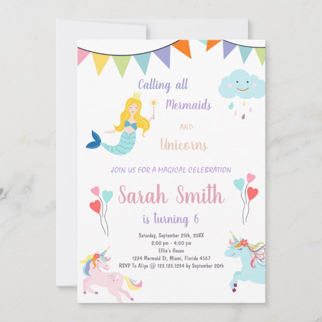 Invitation d'anniversaire de la licorne et de la s (Devant)