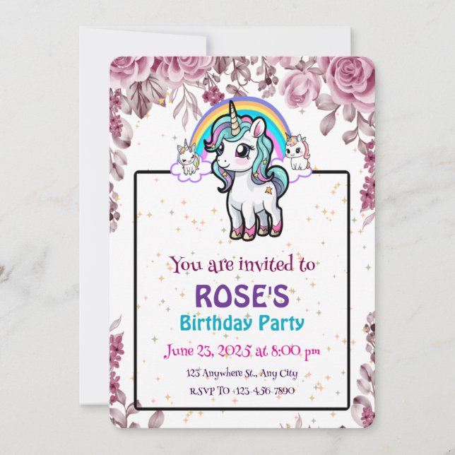 Invitation d'anniversaire de la licorne | Filles F (Devant)