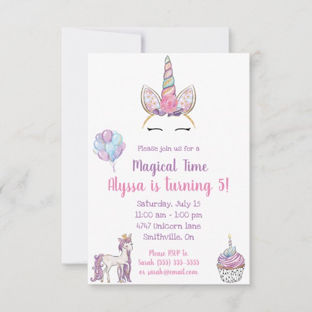 Invitation d'anniversaire de la licorne magique (Devant)