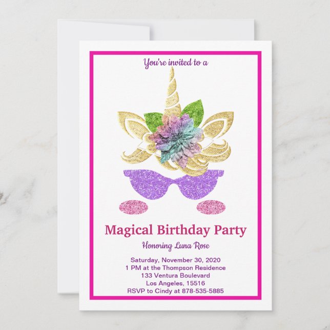 Invitation d'anniversaire de la licorne magique (Devant)
