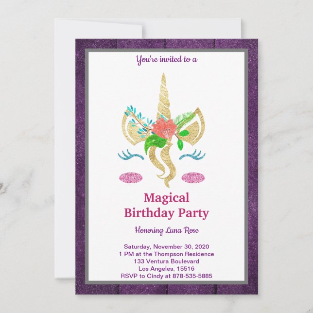 Invitation d'anniversaire de la licorne magique (Devant)