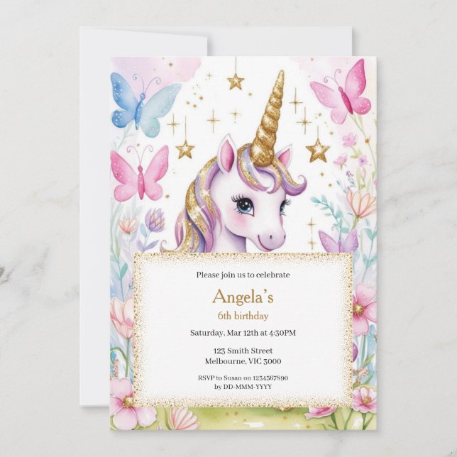 Invitation d'anniversaire de la licorne magique (Devant)