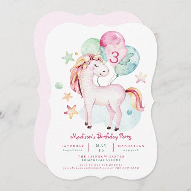 Invitation d'anniversaire de la licorne magique (Devant / Derrière)