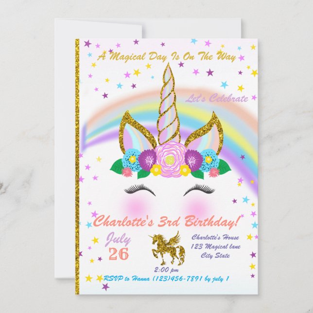 Invitation d'anniversaire de la licorne magique (Devant)