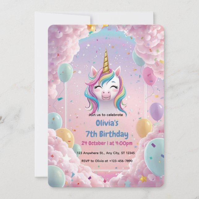 Invitation d'anniversaire de la licorne magique -  (Devant)