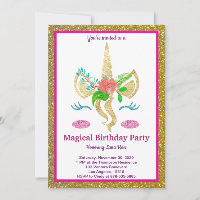 Invitation d'anniversaire de la licorne magique (Devant)