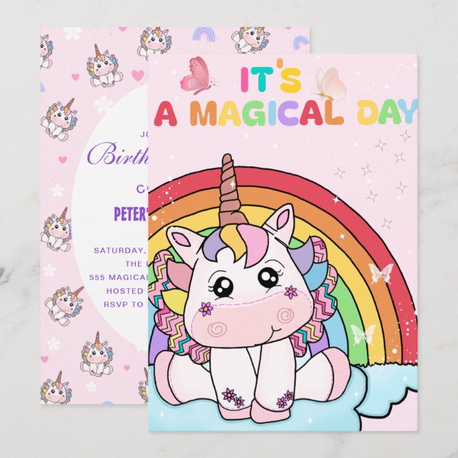 Invitation d'anniversaire de la licorne magique Ra (Devant / Derrière)