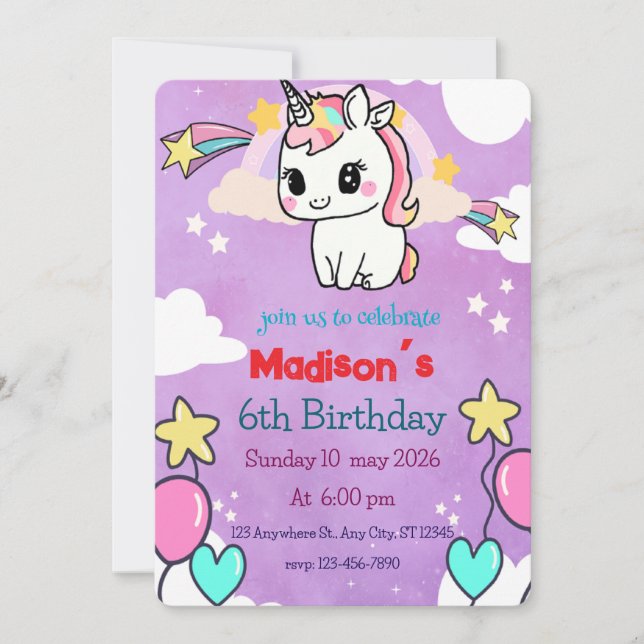 Invitation d'anniversaire de la licorne | Modèle m (Devant)