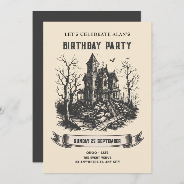 Invitation d'anniversaire de la maison hantée (Devant / Derrière)