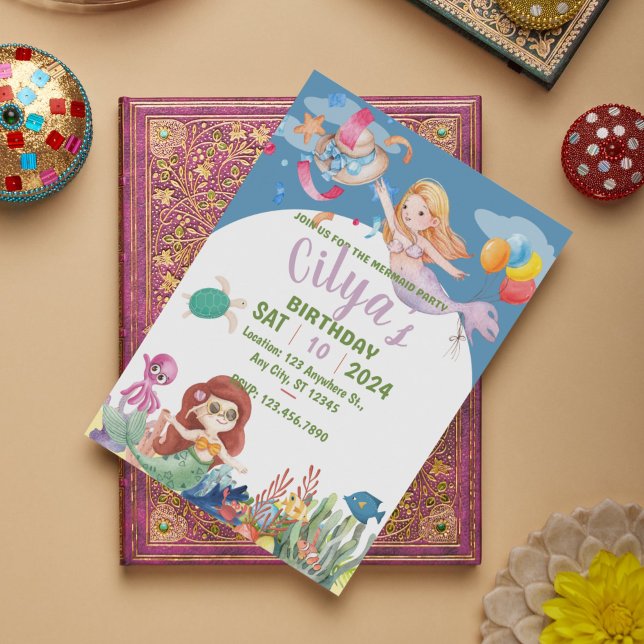 Invitation d'anniversaire de la mignonne sirène (Cute Mermaid Watercolor birthday Invitation)