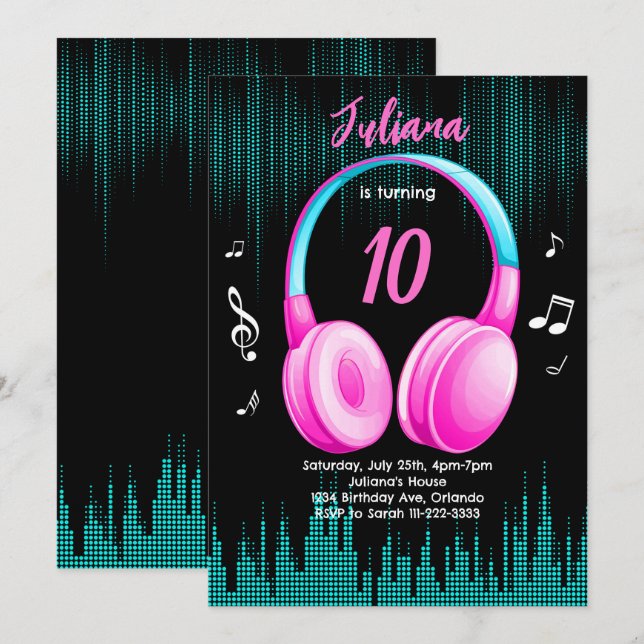 Invitation d'anniversaire de la musique rose (Devant / Derrière)