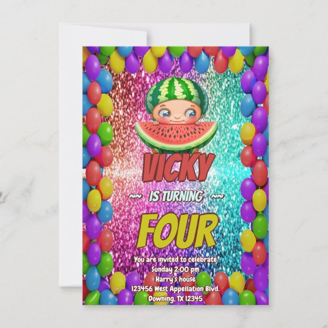 Invitation d'anniversaire de la pastèque pour enfa (Devant)