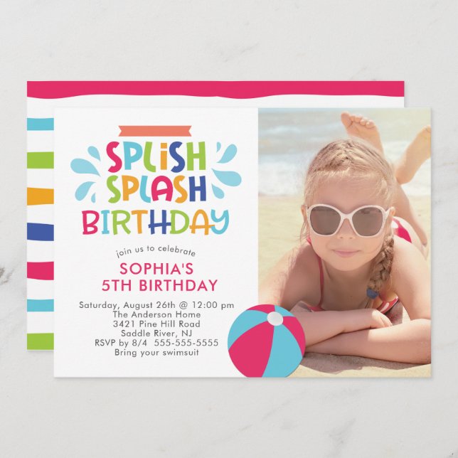 Invitation d'anniversaire de la piscine à éclabous (Devant / Derrière)
